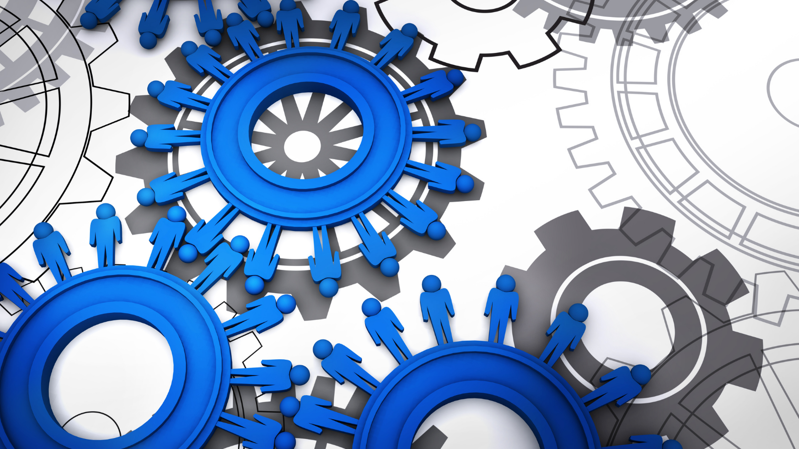 Colourful cogs. Instead of teeth, the cogs interlink using people